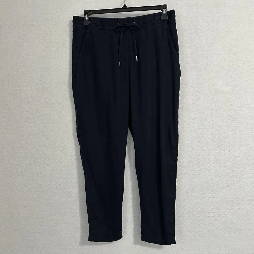 H&M Pants Women 10 Navy Linen Drawstring Elastic Taper Pocket Comfy Beachy Boho